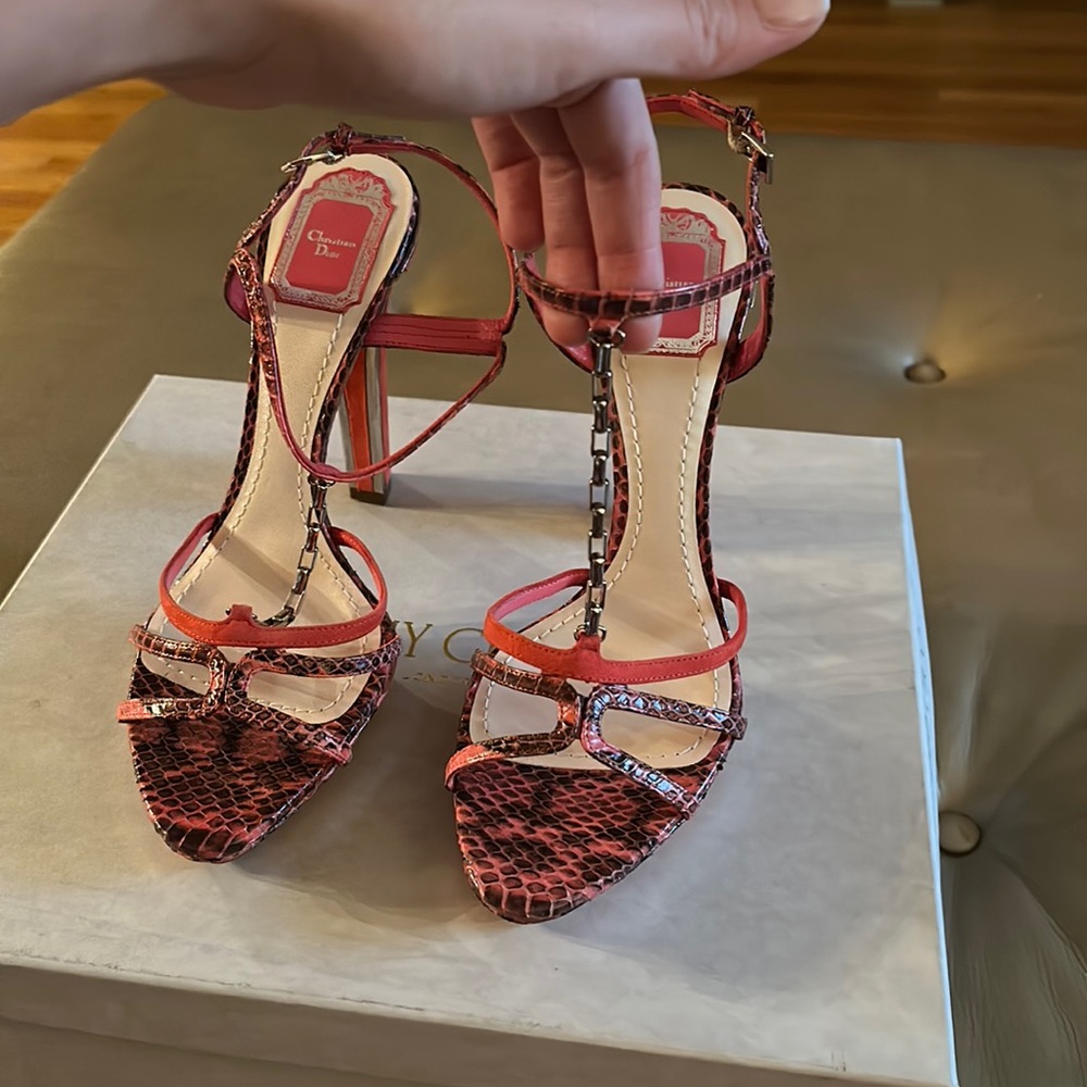 Christian Dior pink coral suede heel t strap chain metal heels.